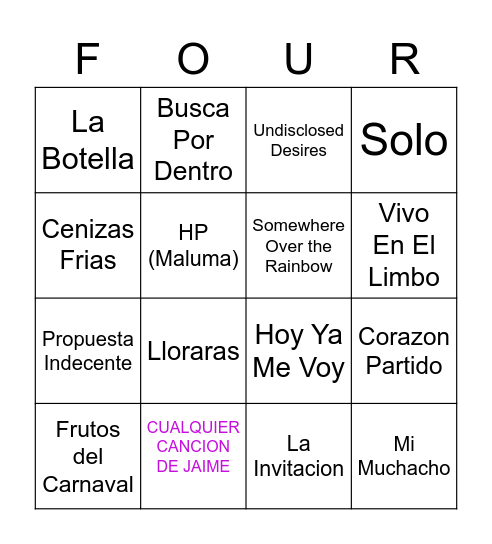 Four Songs Bingo Card