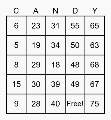 Fifth Grade Candy Bingo Card