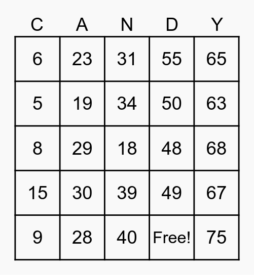 Fifth Grade Candy Bingo Card