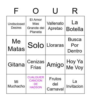 Four Songs Bingo Card