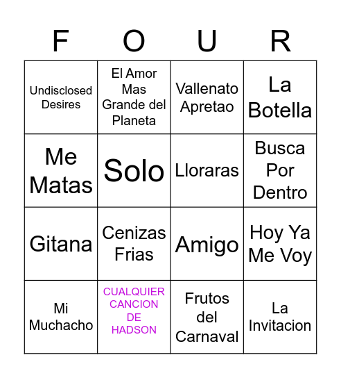 Four Songs Bingo Card