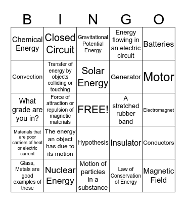 Energy & Transformations & Heat Transfer & Electricity Review  Bingo Card