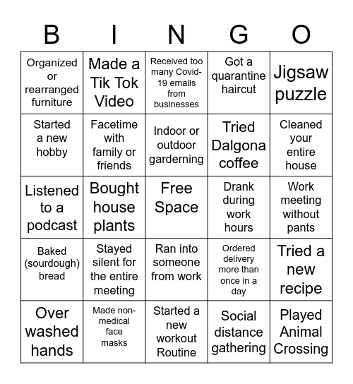 FORM QUARANTINE BINGO Card