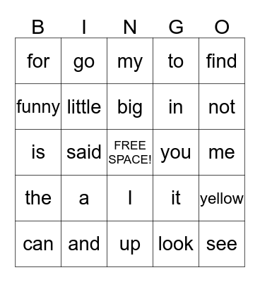 Sight Word  Bingo Card