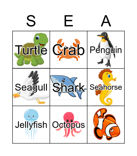 Sea Animals' Bingo Card