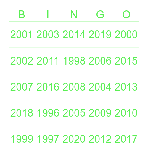 year bingo 1996-2020 Bingo Card