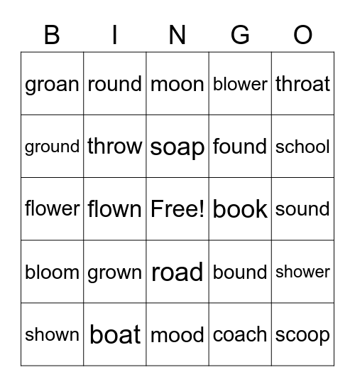 -oa, -ou, -ow, -oo word bingo Card