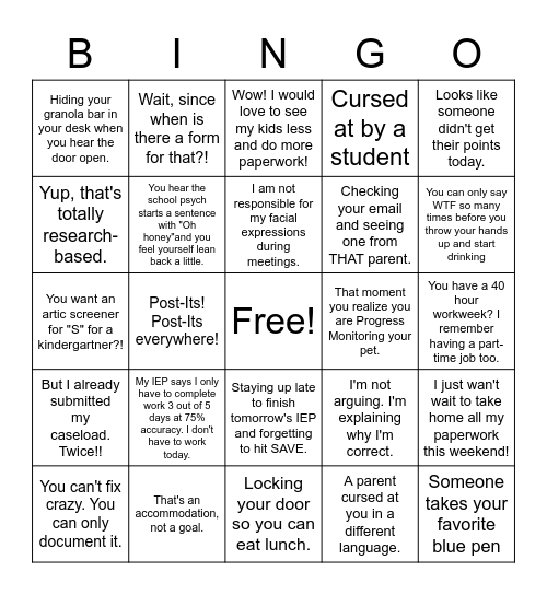 SPED Bingo Card