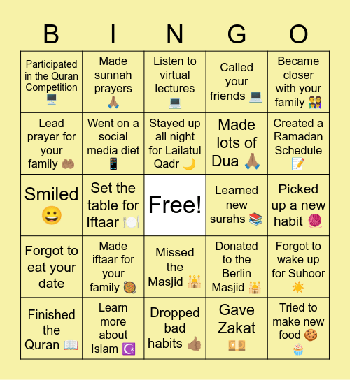 Quarantined Ramadan 2020 Bingo Card