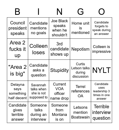 Area 2 VOA President Bingo Card