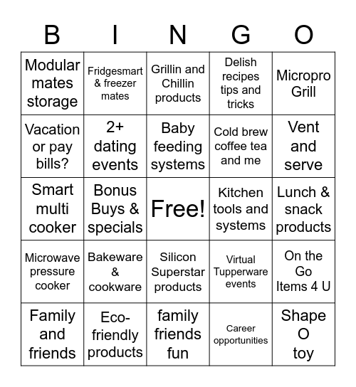 Tupperware Bingo Card