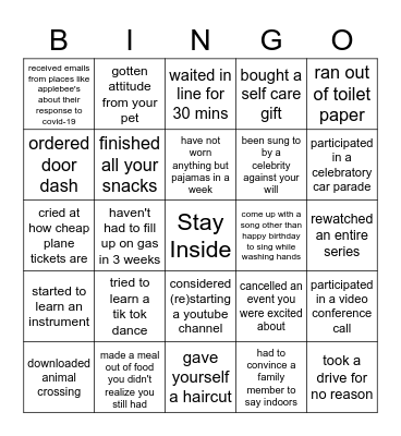 Social Distance Bingo Card