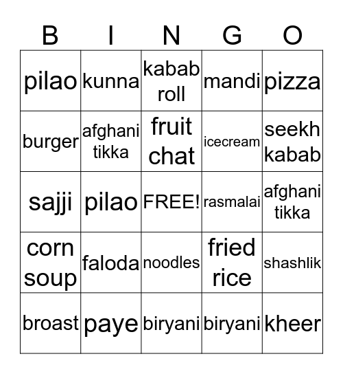 One DishParty Bingo Card