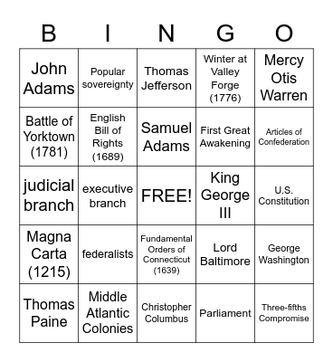 US History 8th Grade Bingo Card