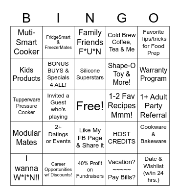 Tupperware Mystery Host Bingo Card