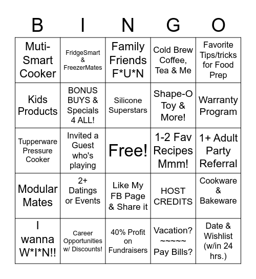 Tupperware Mystery Host Bingo Card