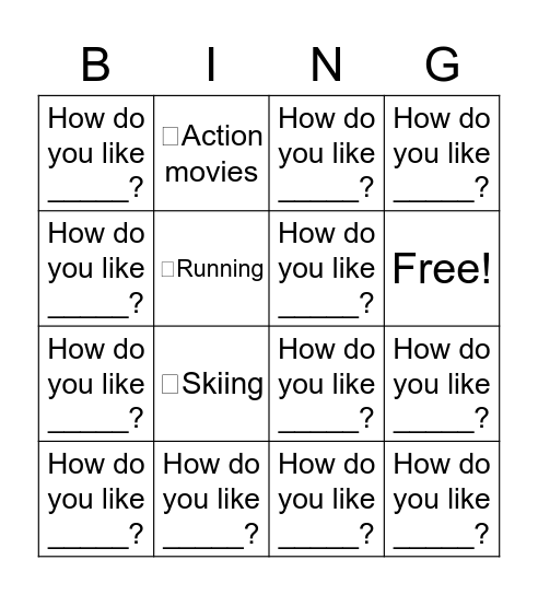 "How do you like" Bingo Card