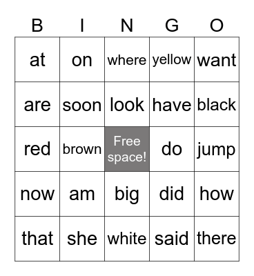 Sight words bingo Card