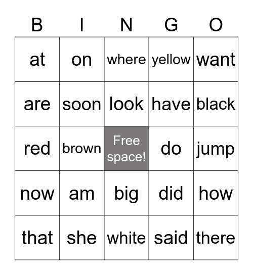 Sight words bingo Card