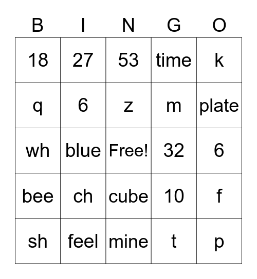 KINDERGARTEN Bingo Card