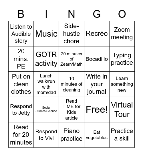 Chloe’s School @Home Bingo Card