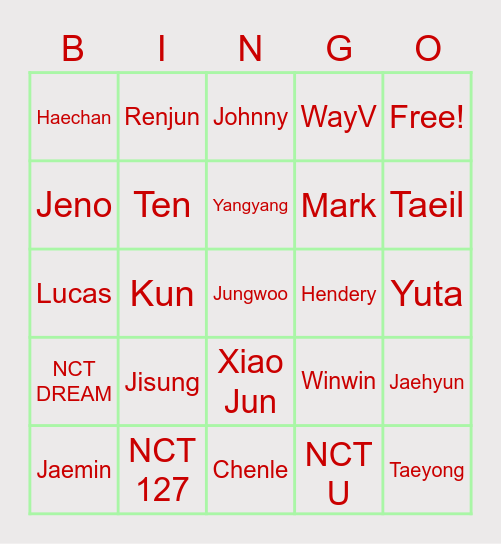NCT Bingo Card