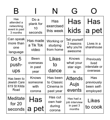 Jewish Care's 'Work It Out!' Bingo Card