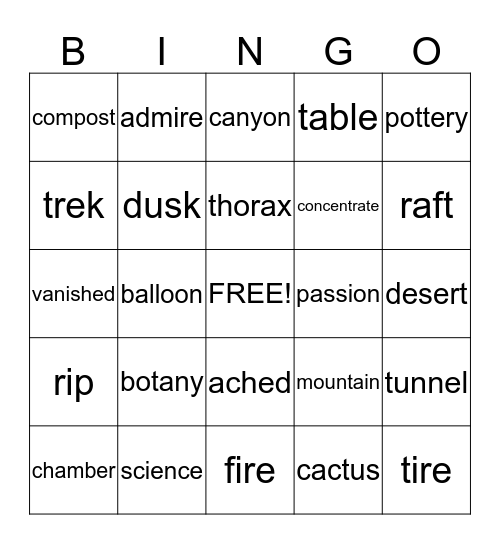 Sept. Vocabulary  Bingo Card