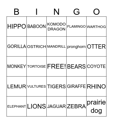 ZOO ANIMALS  Bingo Card