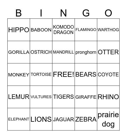 ZOO ANIMALS  Bingo Card