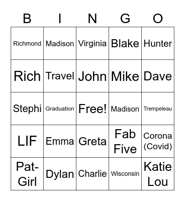 Fab Five Zoom Bingo Card