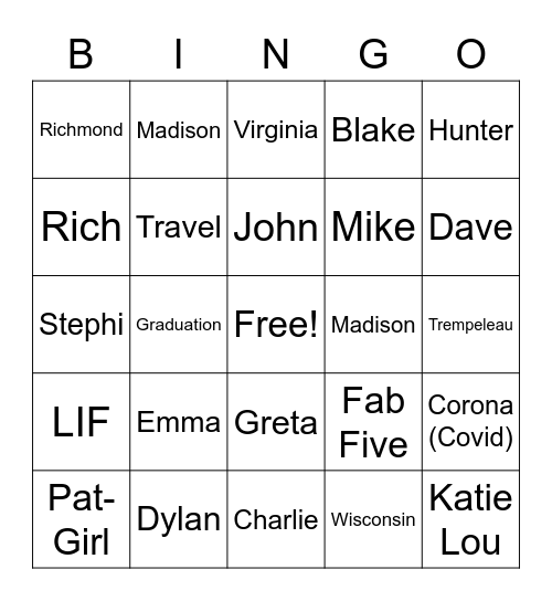 Fab Five Zoom Bingo Card