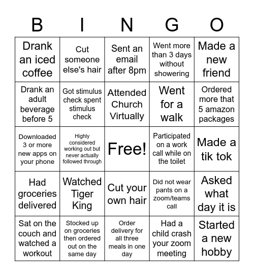 Quarantine Bingo Card