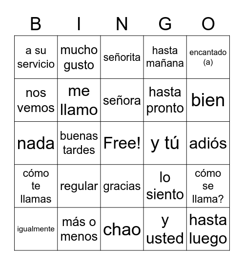 Greetings and Phrases Bingo Card