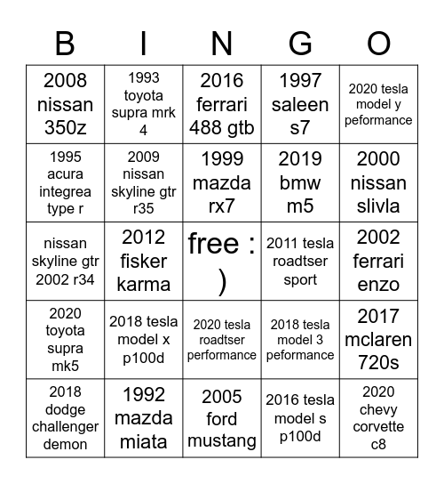 cars Bingo Card