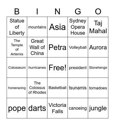 Around the World Bingo Card