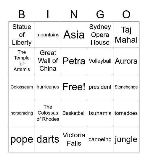 Around the World Bingo Card