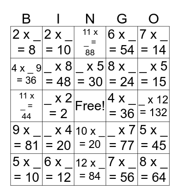 Multiplication, Missing Factor Bingo Card