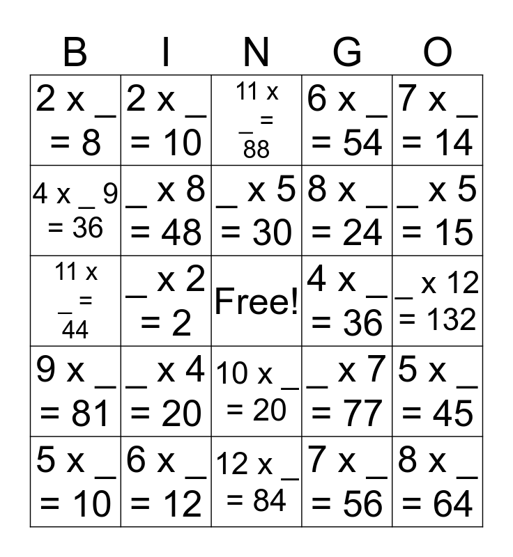 Multiplication, Missing Factor Bingo Card