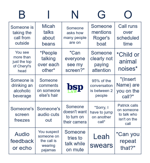 BSP Conference Call Bingo Card