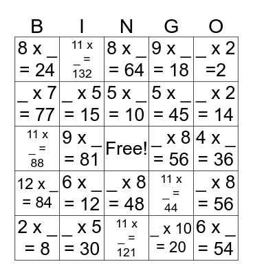 Multiplication, Missing Factor Bingo Card