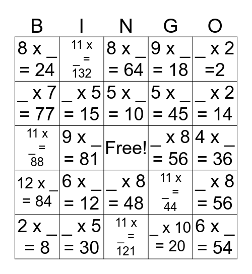 Multiplication, Missing Factor Bingo Card