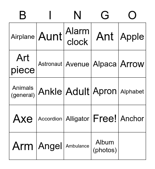 Letter A Bingo Card