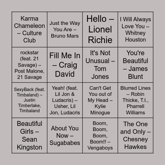 No 1 Hits! Bingo Card