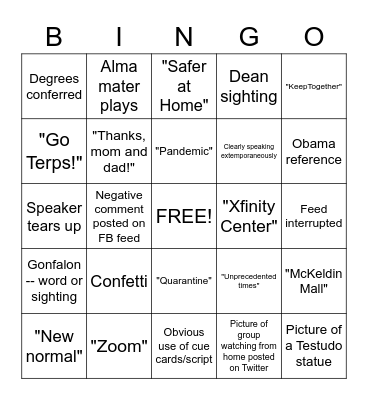 Virtual Commencement 2020 Bingo Card