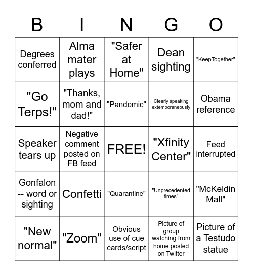 Virtual Commencement 2020 Bingo Card