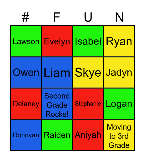 Schumacher's 2nd Grade Bingo Card