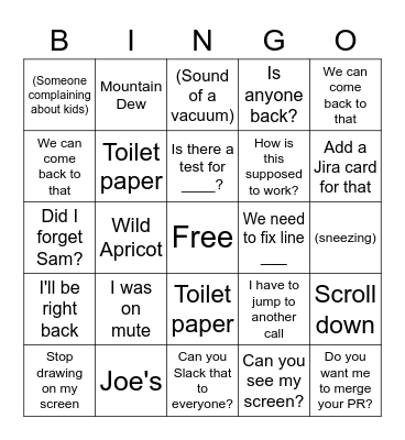 Work From Home Bingo Card