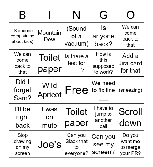 Work From Home Bingo Card