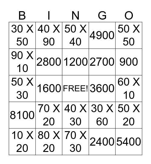 Multiplications by 10's Bingo Card